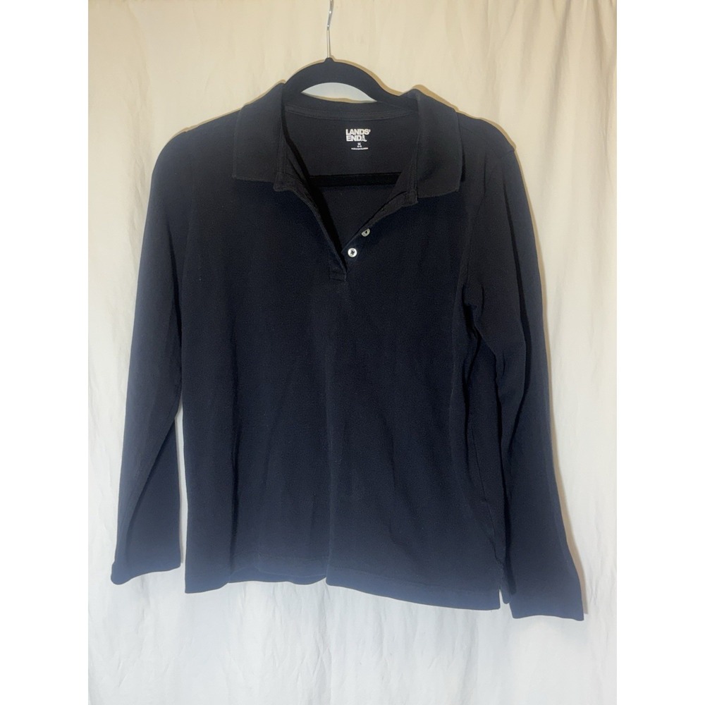 New Lands' End‎ Black Long Sleeve Cotton Polo Shirt Women's Medium HH1